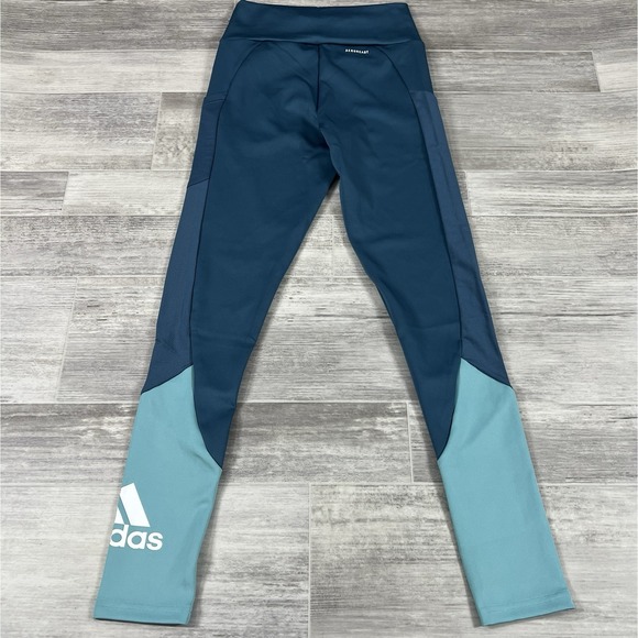 Adidas Women's Small Designed 2 Move Big Logo Sport Tights-Orbit Indigo/Mint NWT - Picture 9 of 10